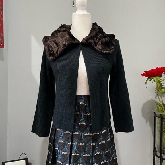 NEW Nine West Vintage Wool Faux Fur Ribbed Swing Cardigan Sweater Jacket S NWOT - Picture 12 of 15